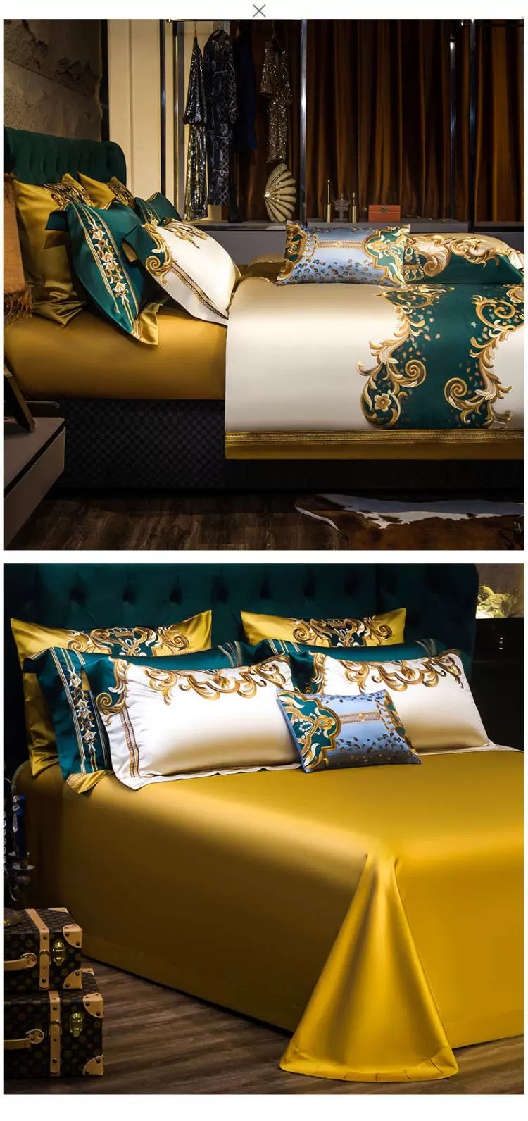 European Luxury Palace Satin Silk Cotton Embroidery Bedding Set 6-10 PCs Set
