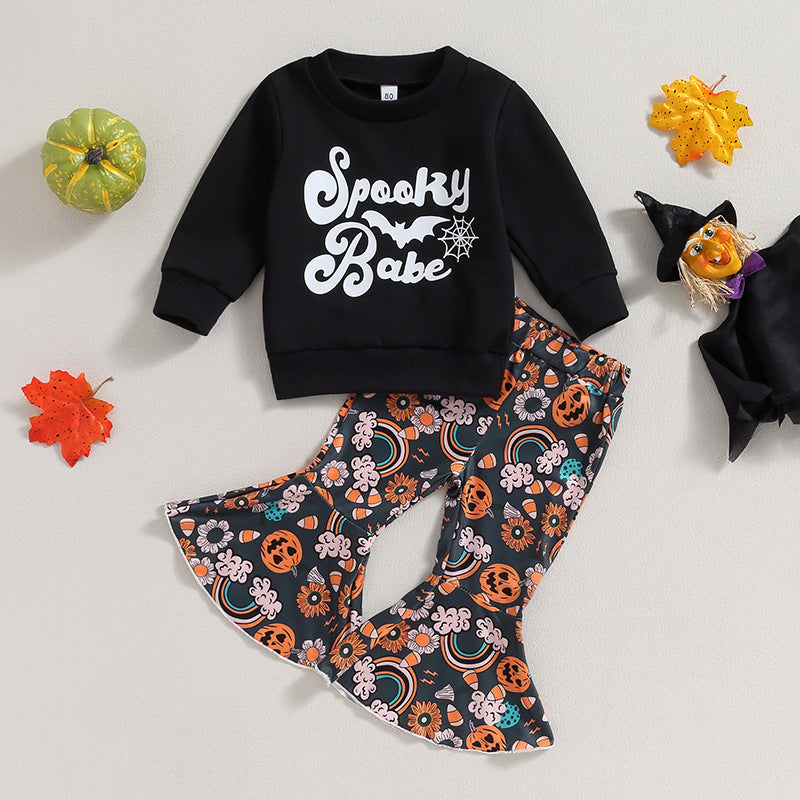 Letter Long Sleeve Sweater Bell-bottom Pants Suit