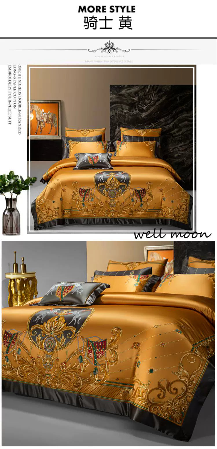 European Luxury Palace Satin Silk Cotton Embroidery Bedding Set 6-10 PCs Set