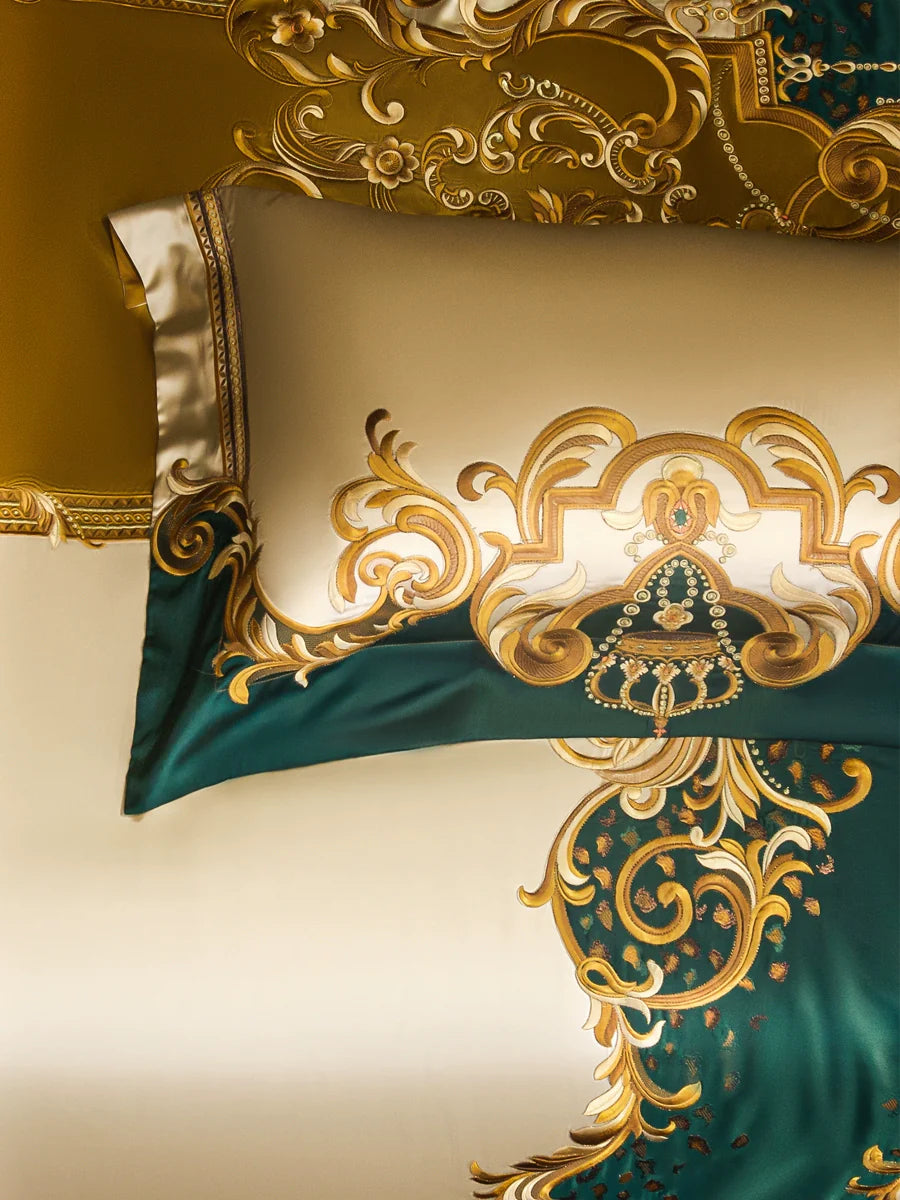 European Luxury Palace Satin Silk Cotton Embroidery Bedding Set 6-10 PCs Set