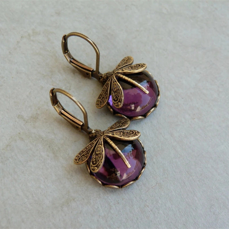 Fashion Jewelry Vintage Dragonfly Pattern Earrings Distressed Moonstone