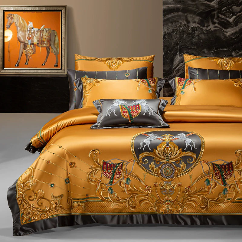 European Luxury Palace Satin Silk Cotton Embroidery Bedding Set 6-10 PCs Set