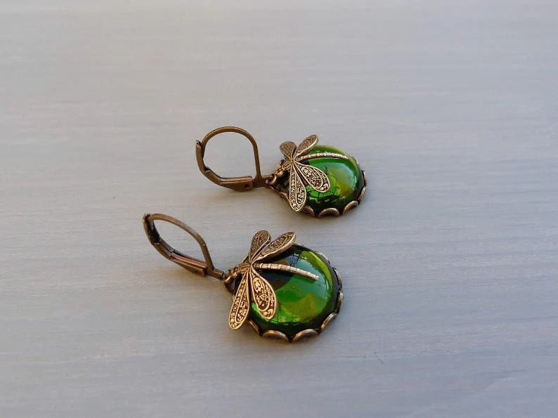 Fashion Jewelry Vintage Dragonfly Pattern Earrings Distressed Moonstone