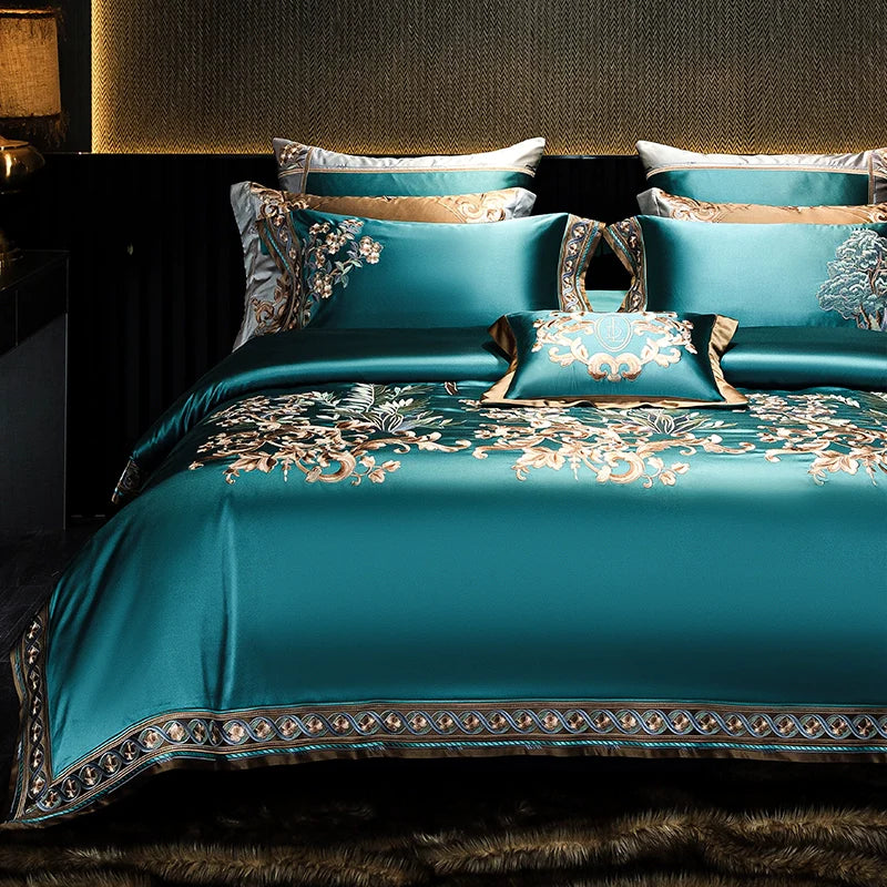 European Luxury Palace Satin Silk Cotton Embroidery Bedding Set 6-10 PCs Set