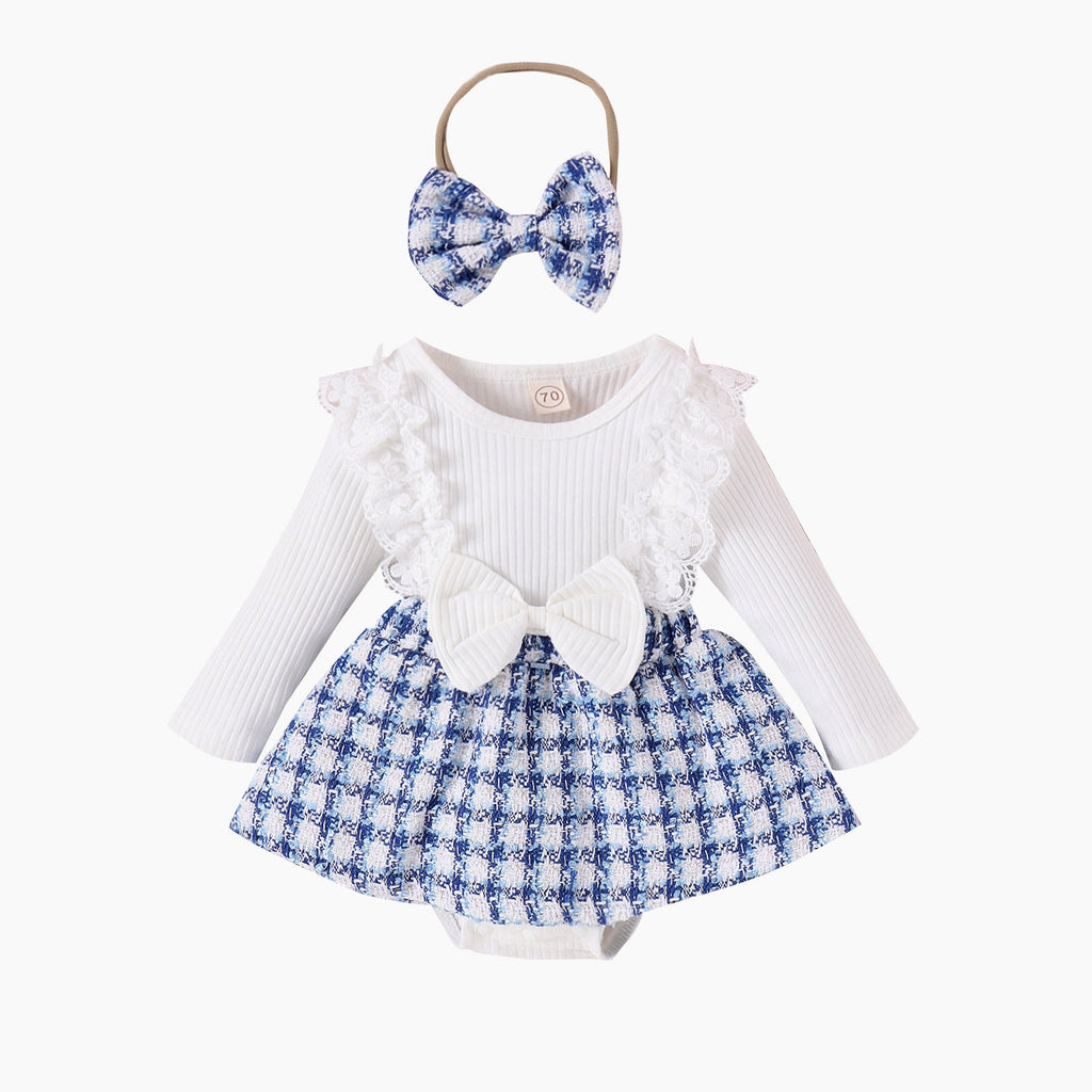 Long Sleeve Stitching Woven Style Plaid Skirt Bow Romper
