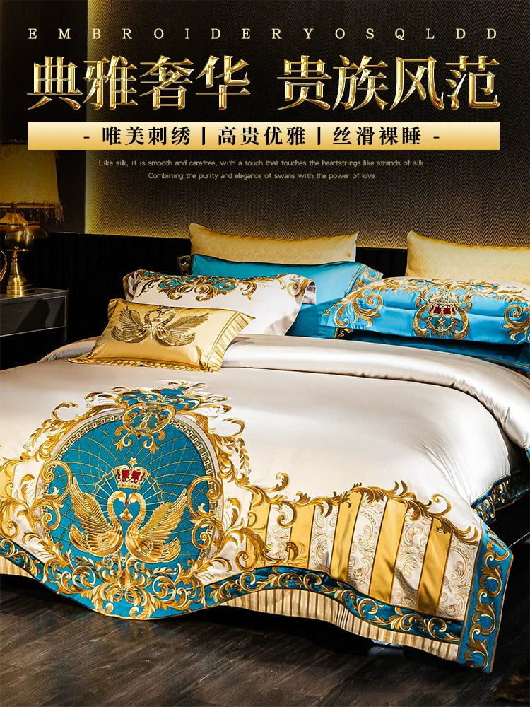 European Luxury Pure Cotton Satin Embroidery Bedding Set 4 - 10 Pieces