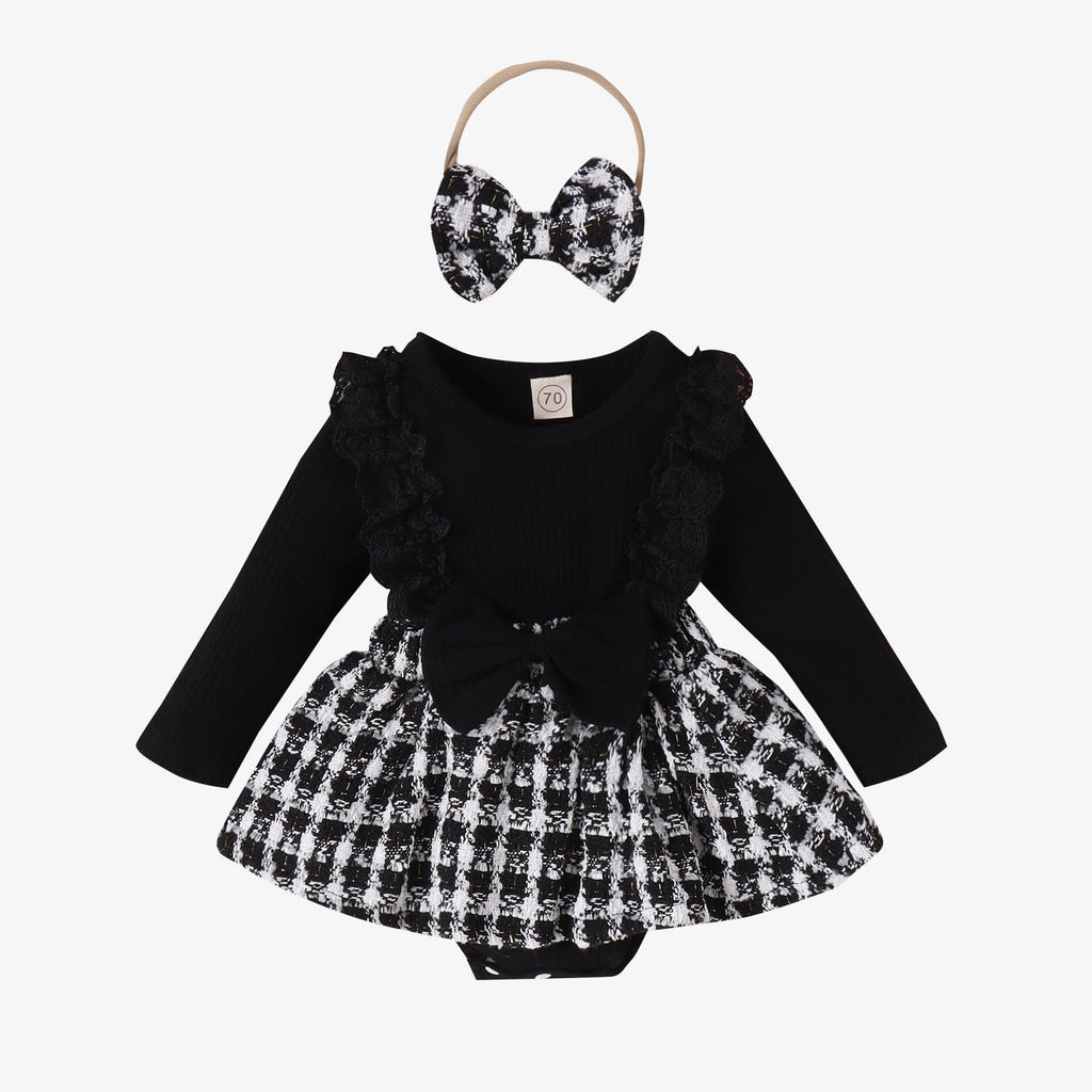 Long Sleeve Stitching Woven Style Plaid Skirt Bow Romper