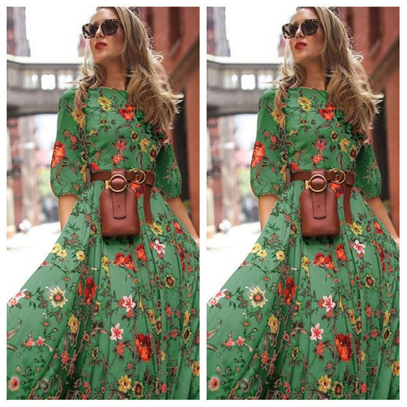 Elegant Spring Flower Long-Sleeved Maxi Dress