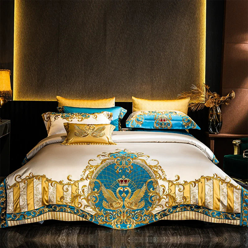 European Luxury Pure Cotton Satin Embroidery Bedding Set 4 - 10 Pieces