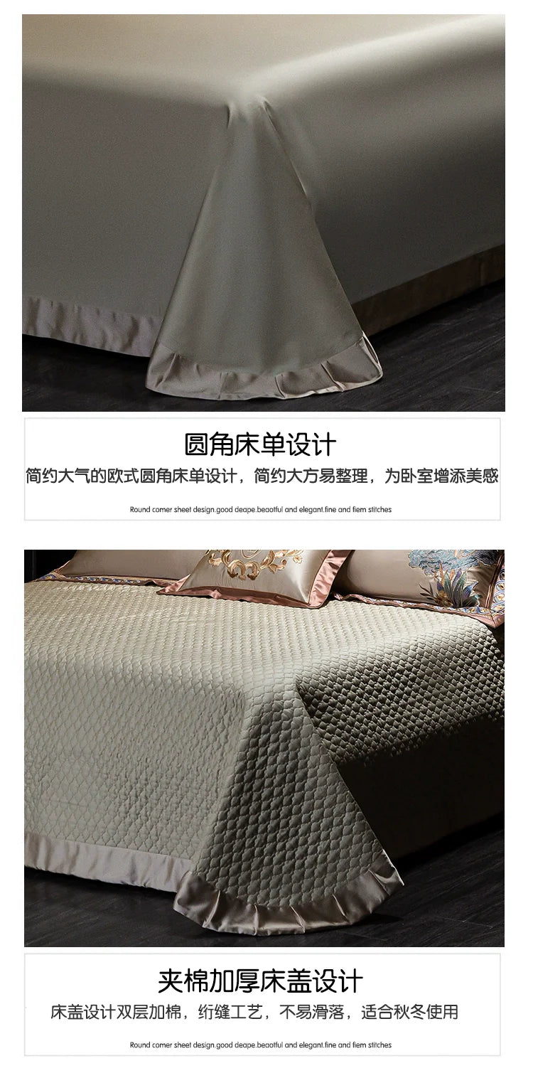 European Luxury Palace Satin Silk Cotton Embroidery Bedding Set 6-10 PCs Set