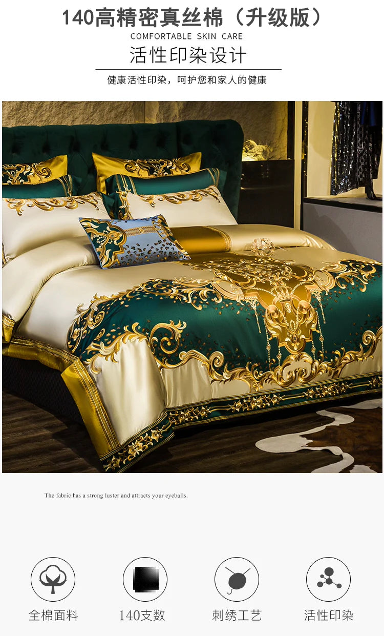 European Luxury Palace Satin Silk Cotton Embroidery Bedding Set 6-10 PCs Set