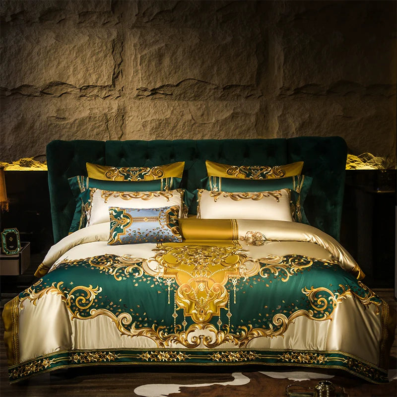 European Luxury Pure Cotton Satin Embroidery Bedding Set 4 - 10 Pieces