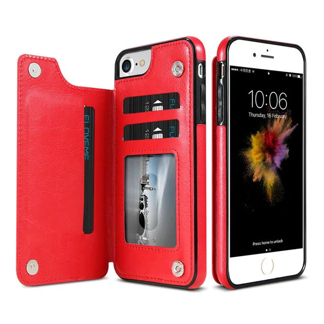 Leather Wallet Case for iPhone - Flip Cover with Card Slots & Kickstand