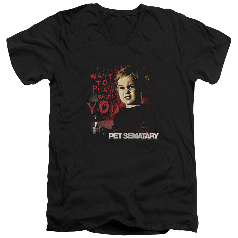 Pet Sematary I Want To Play Mens Slim Fit V-Neck T Shirt Black Officially Licensed