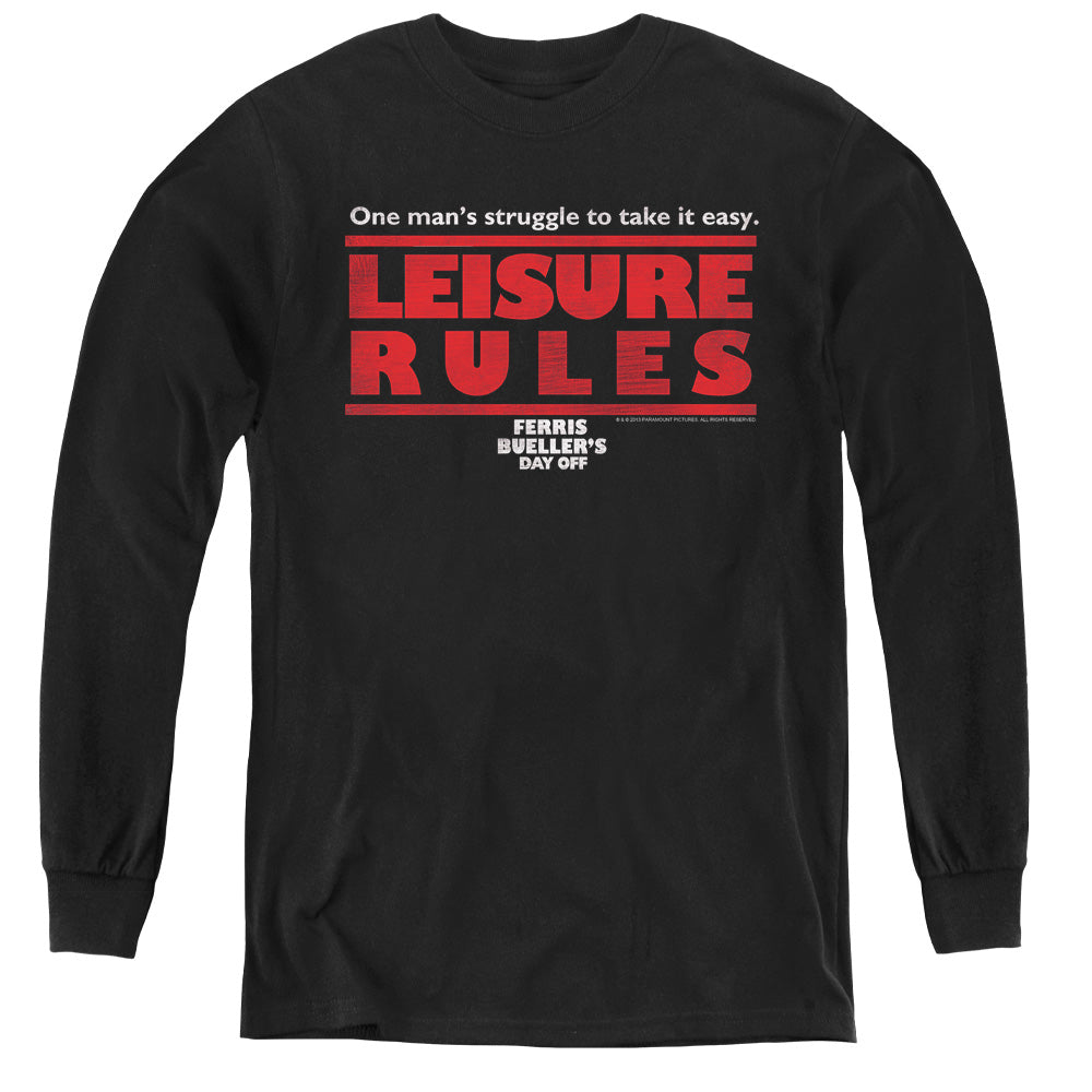 Ferris Buellers Day Off Leisure Rules Long Sleeve Kids Youth T Shirt Black Officially Licensed