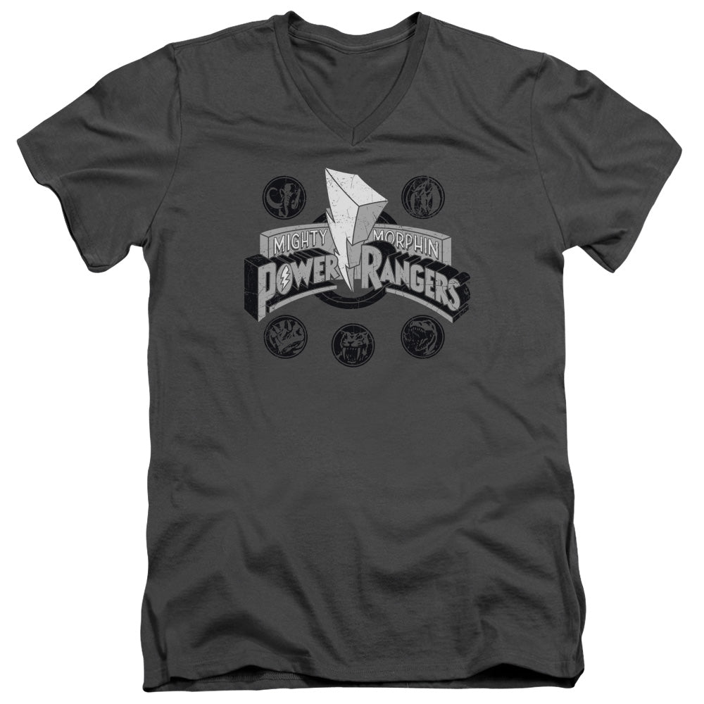 Power Rangers Power Coins Mens Slim Fit V-Neck T Shirt Charcoal Officially Licensed
