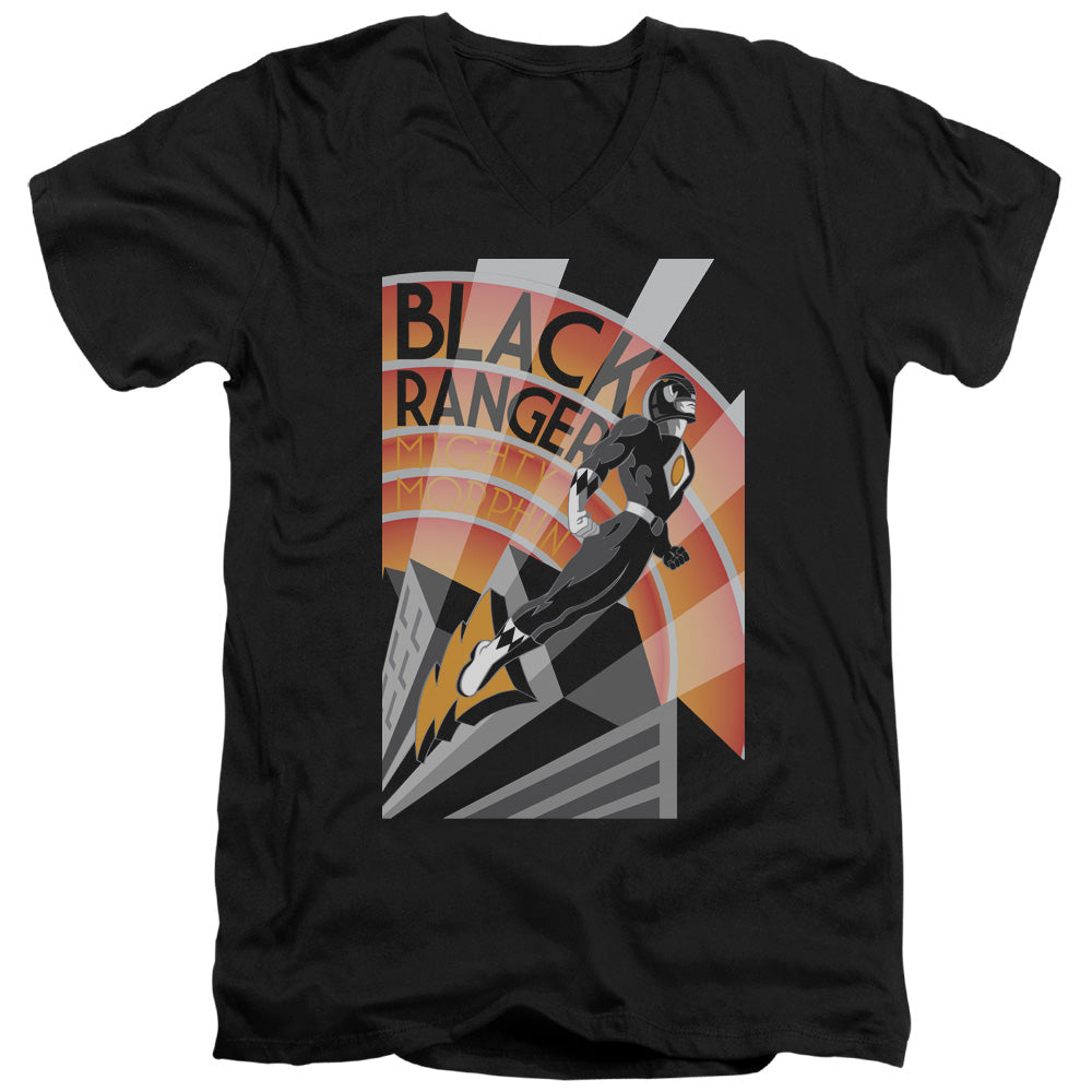 Power Rangers Black Ranger Deco Mens Slim Fit V-Neck T Shirt Black Officially Licensed