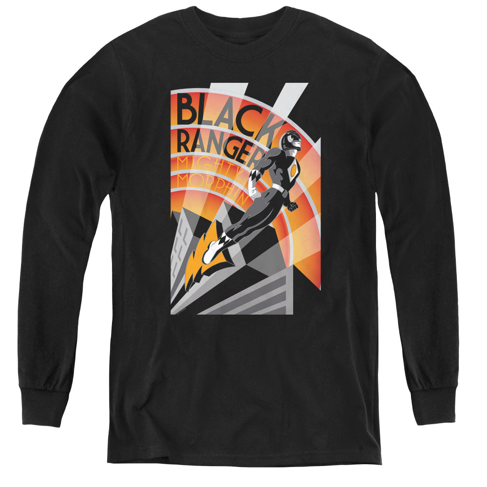 Power Rangers Black Ranger Deco Long Sleeve Kids Youth T Shirt Black Officially Licensed