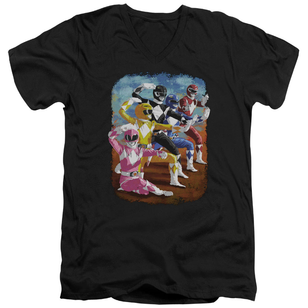 Power Rangers Impressionist Rangers Mens Slim Fit V-Neck T Shirt Black Officially Licensed