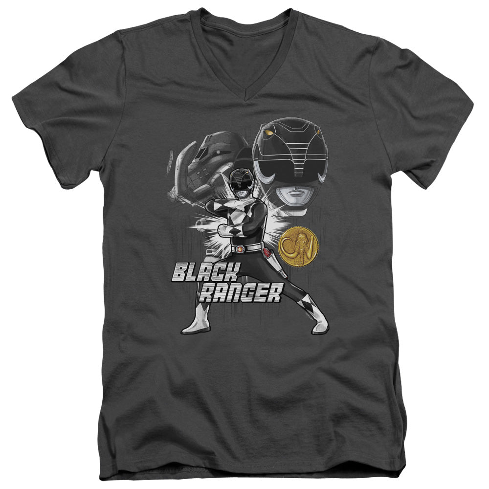 Power Rangers Black Ranger Mens Slim Fit V-Neck T Shirt Charcoal Officially Licensed