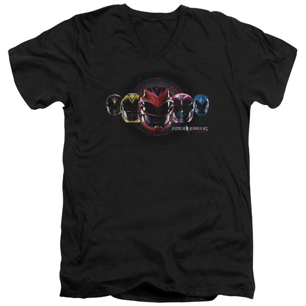 Power Rangers Head Group Mens Slim Fit V-Neck T Shirt Black Officially Licensed