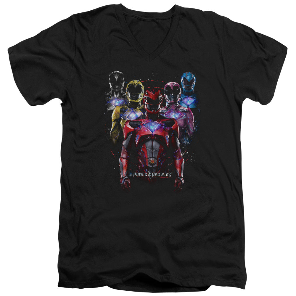 Power Rangers Team Of Rangers Mens Slim Fit V-Neck T Shirt Black Officially Licensed