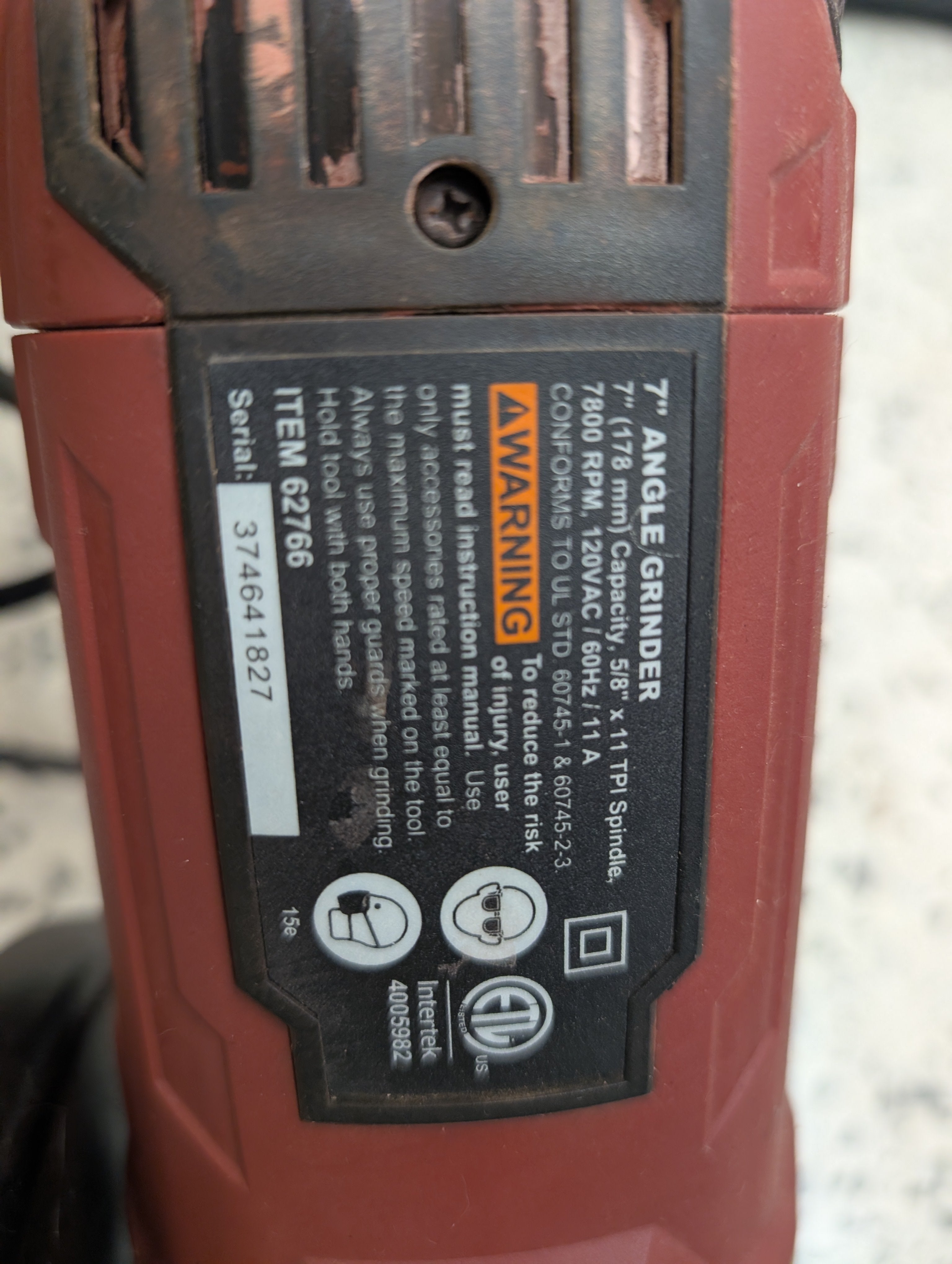Chicago Electric 7" Angle Grinder, 7800 RPM (62766)