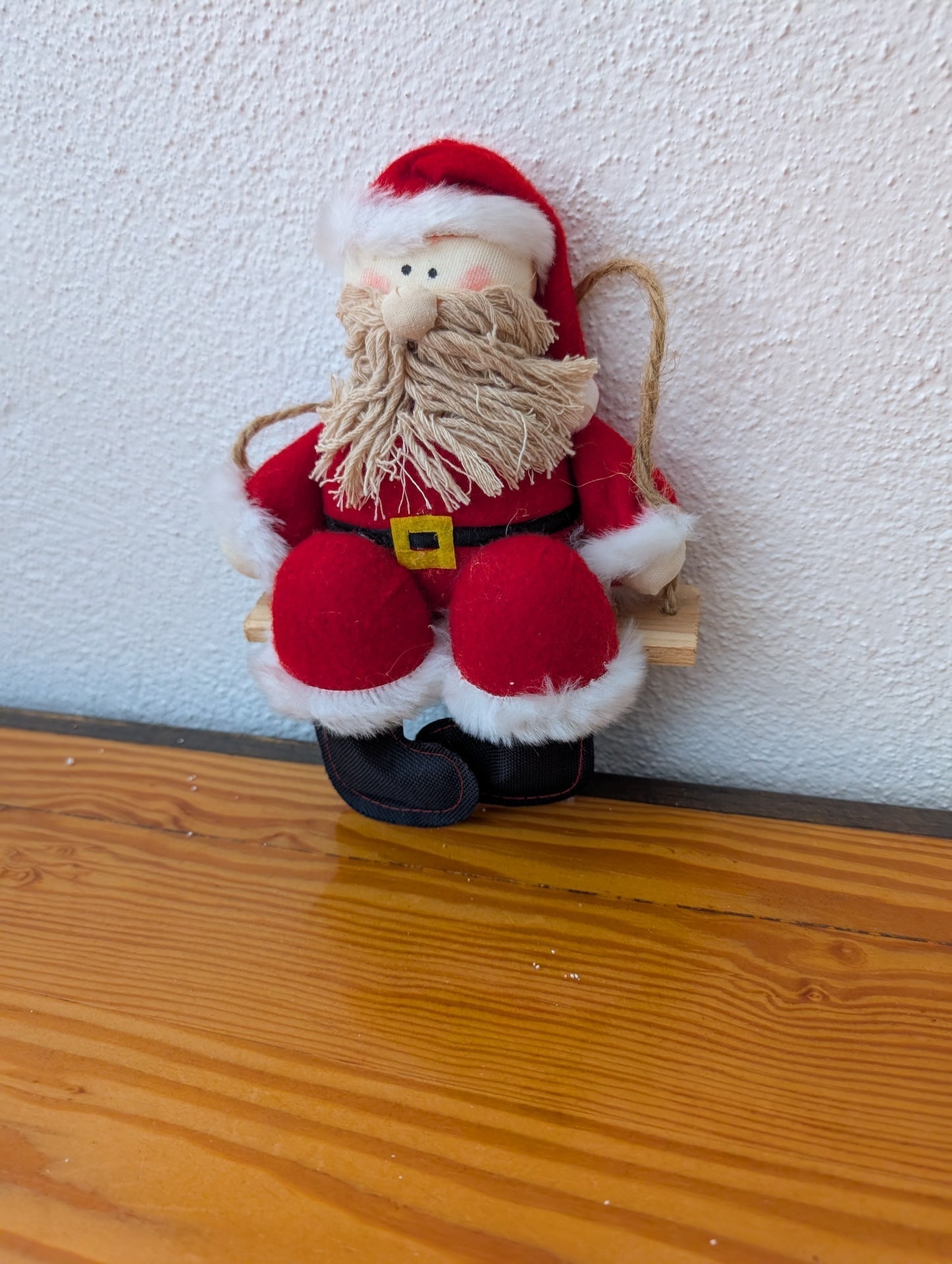 Swinging Santa Ornament from Unknown -  Holiday Decor (Fabric, Faux Fur, Wood, String Ornament, Rustic, Handmade, Folk Art, Red, White, Wood)