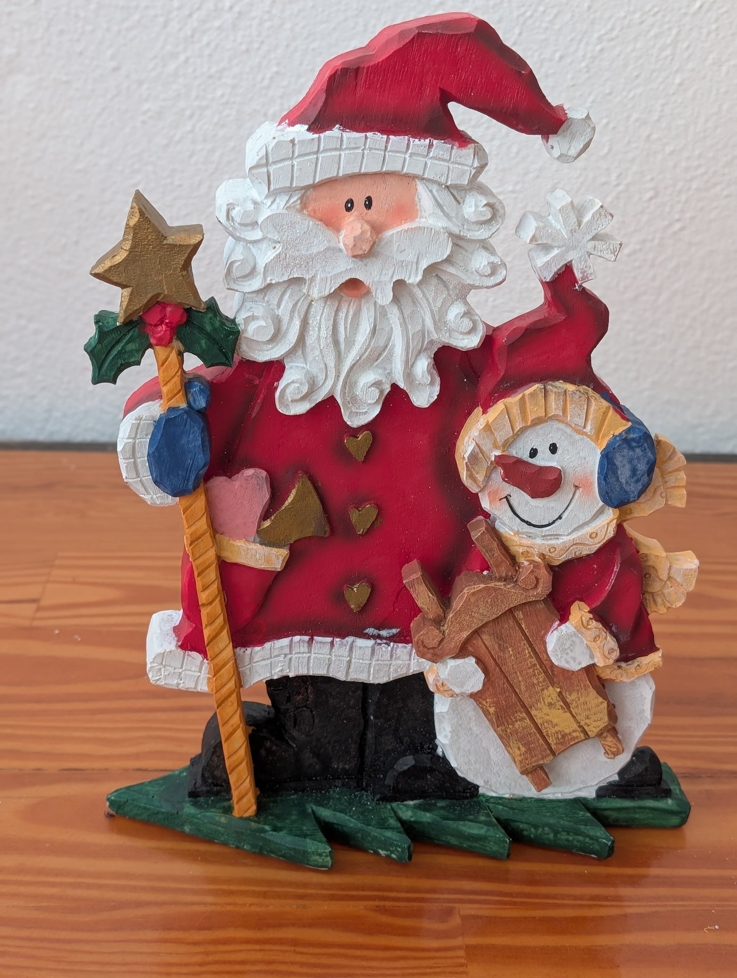 Santa and Snowman Pals from Unknown -  Holiday Decor (Resin Figurine, Rustic, Folk Art, Country, Red, White, Wood Tones)