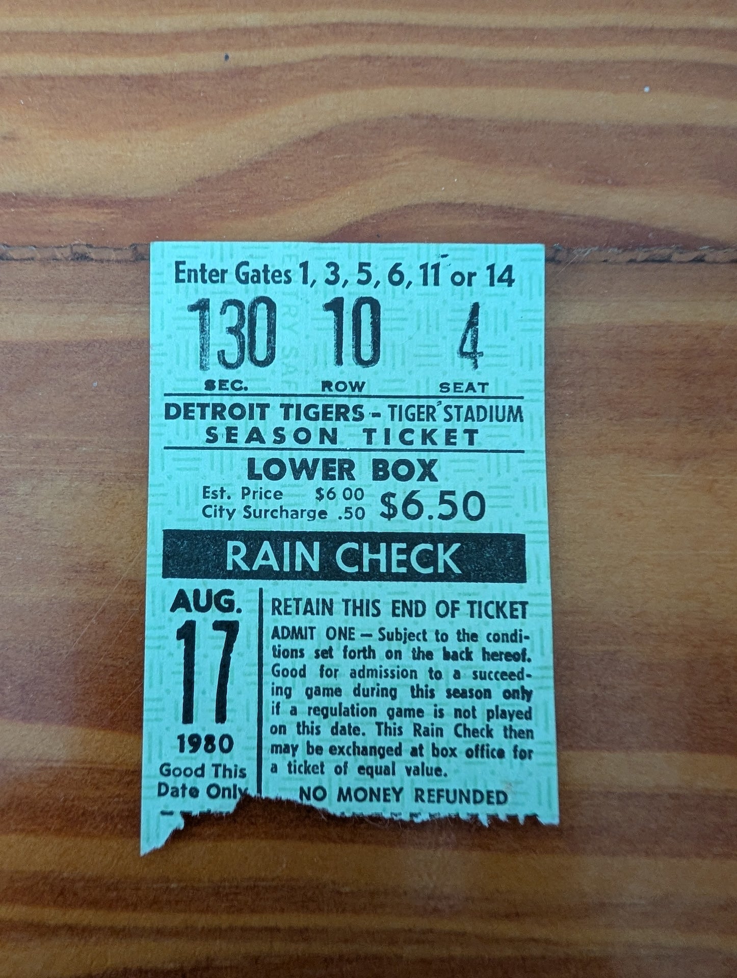 1980 Detroit Tigers Ticket Stub from Detroit Tigers - 1980 Collectibles / Ephemera (Paper Ticket Stub, Sports Memorabilia, Vintage, Green)