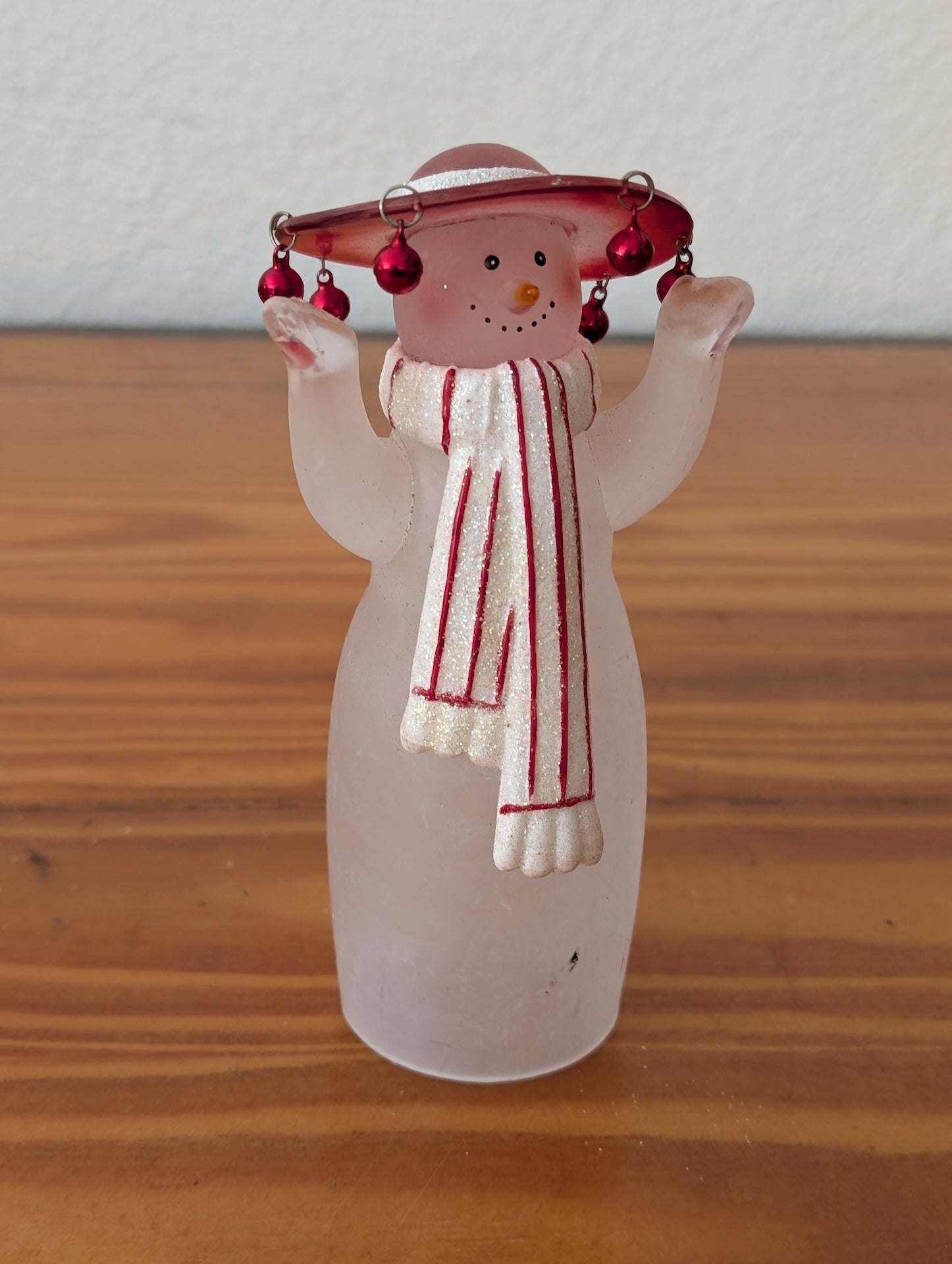 Sombrero-Wearing Glass Snowman from Unknown -  Holiday Decor (Glass, Metal, Paint Glass Figurine, Christmas, Holiday, Whimsical, Kitsch, White (frosted), Red)