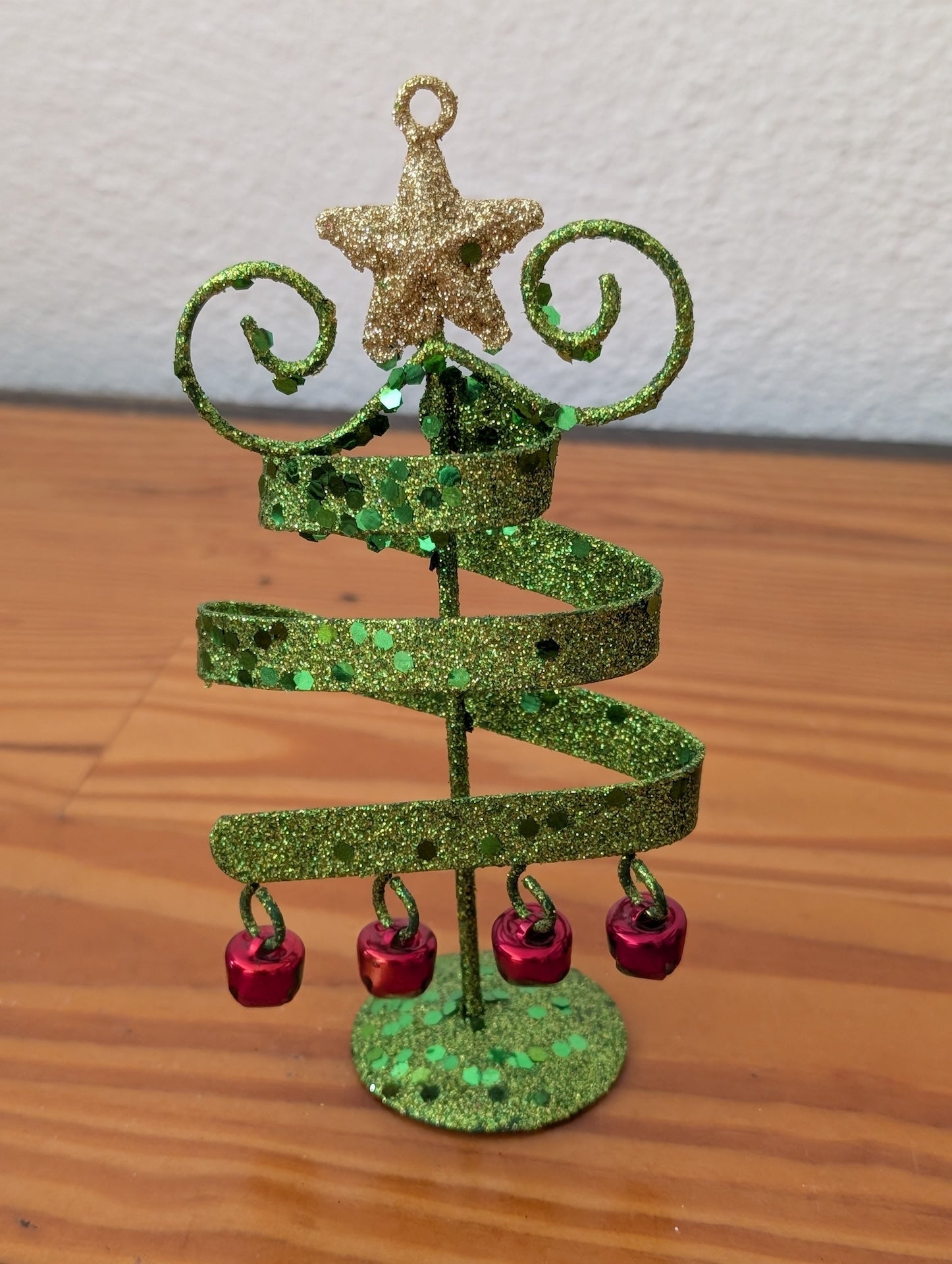 Spiral Ribbon Metal Tree from Unknown -  Holiday Decor (Metal, Glitter, Bells Decor, Modern, Whimsical, Green, Gold, Red)
