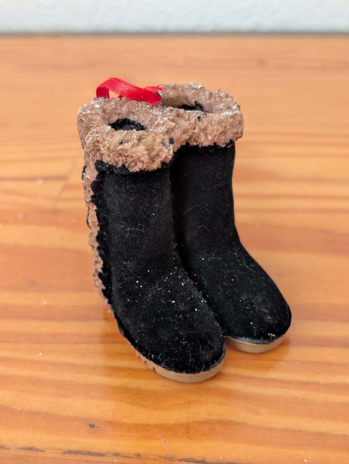 Mini Boots Ornament from Unknown -  Ornaments (Plastic, Flocking, Fabric Ornament, Rustic, Cabin, Black, Brown, Red)