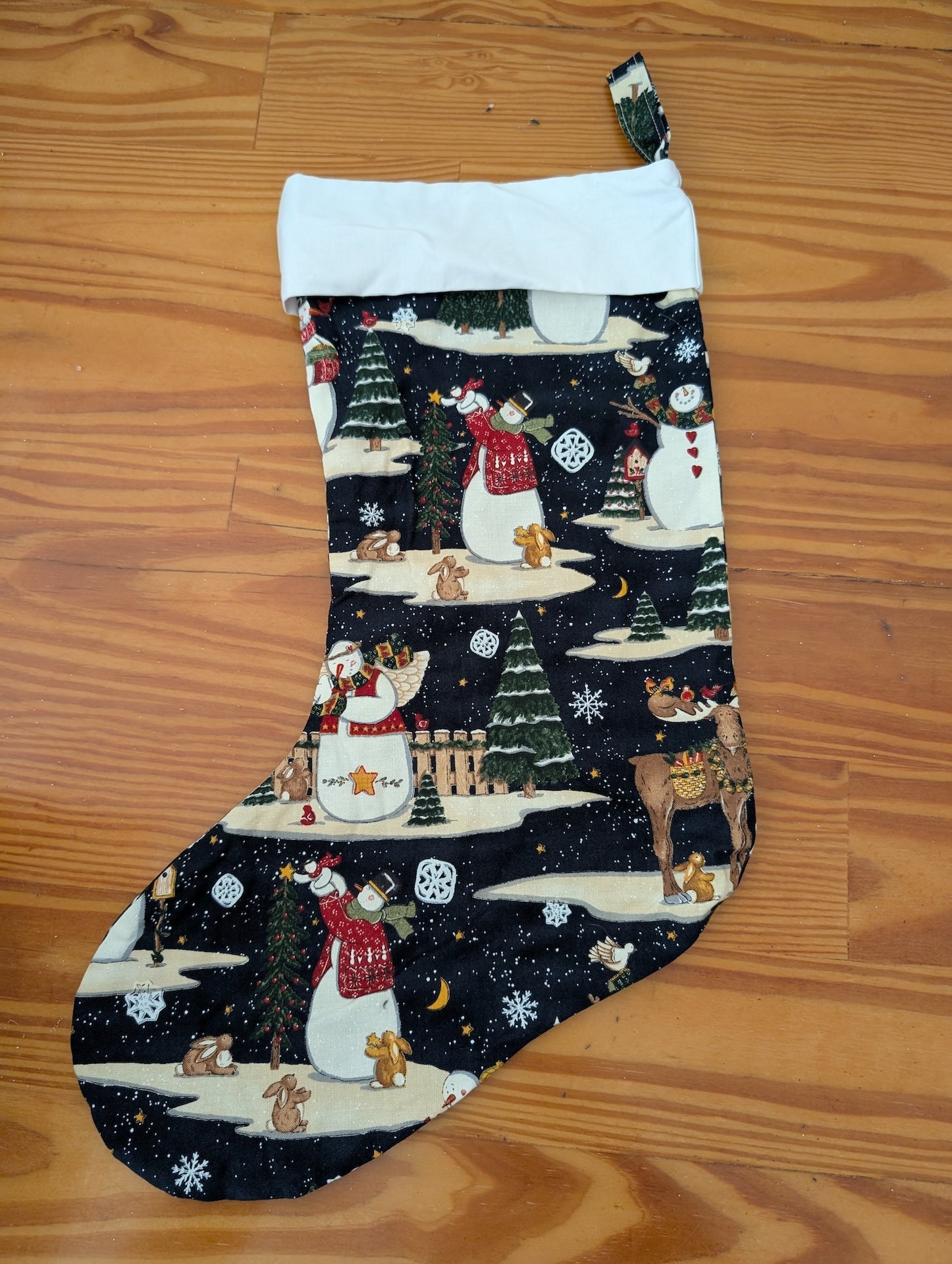 Snowman & Woodland Animal Stocking from Unknown -  Linens (Fabric (Cotton/Polyester) Stocking, Traditional, Rustic, Black, White, Red, Green)