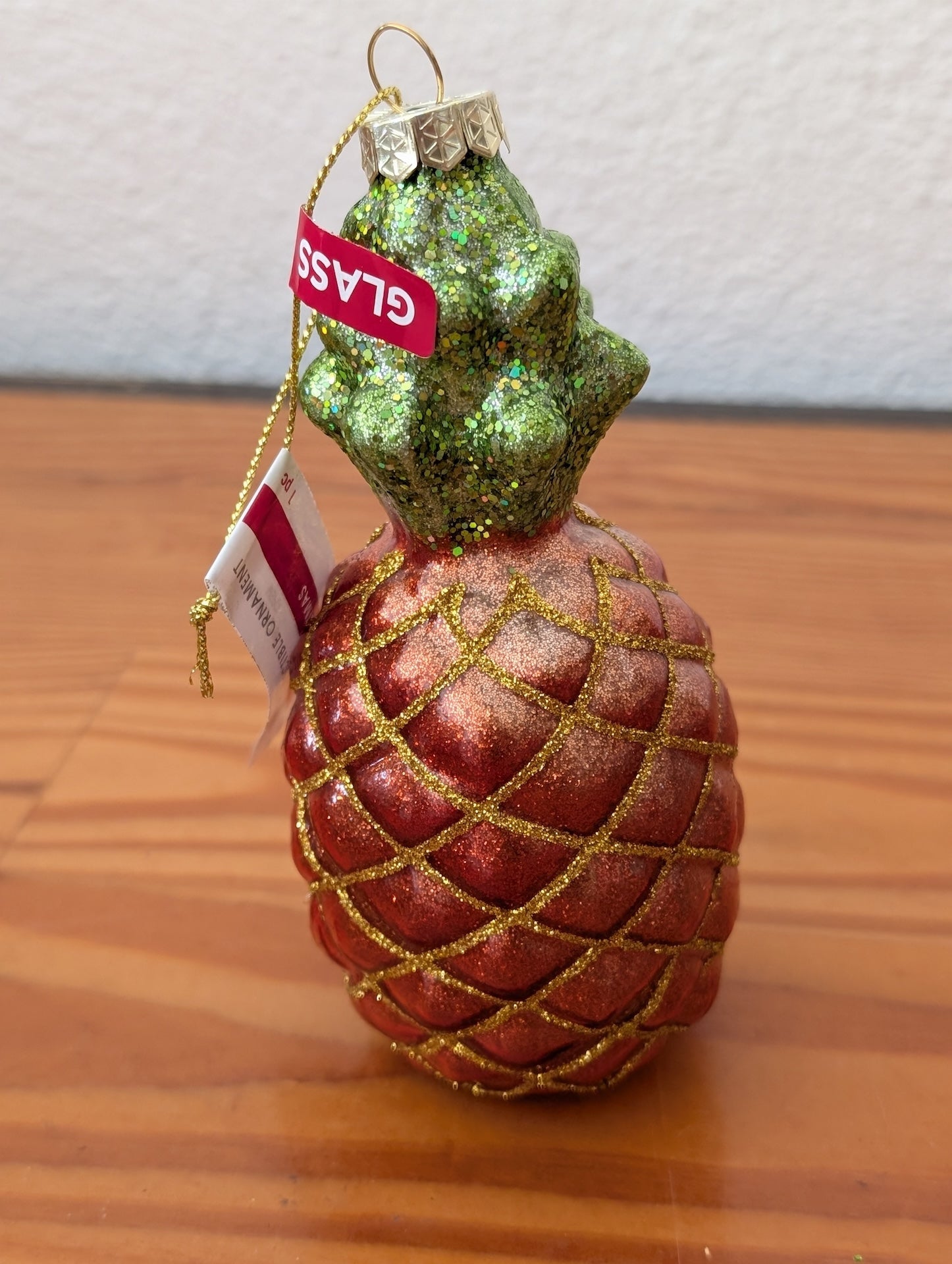 Glass Pineapple Ornament from Unknown -  Ornaments (Glass, Glitter Ornament, Coastal, Tropical, Glam, Red, Green, Gold)