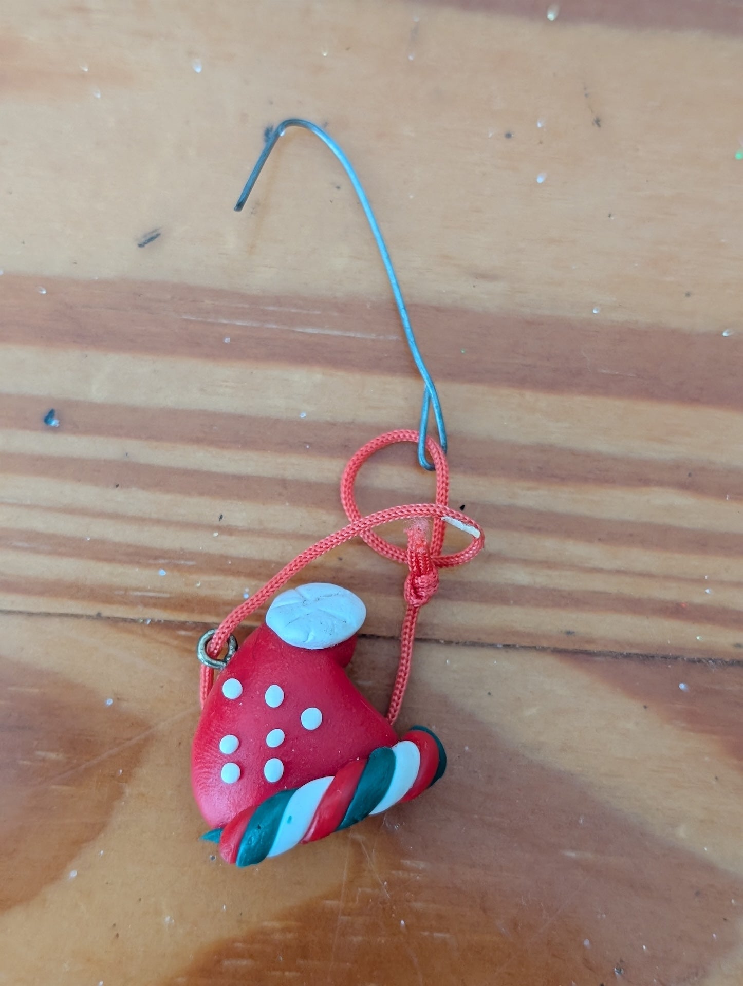 Clay Santa Hat & Candy Cane Ornament from Unknown -  Ornaments (Polymer Clay Ornament, Craft, Handmade, Red, White, Green)