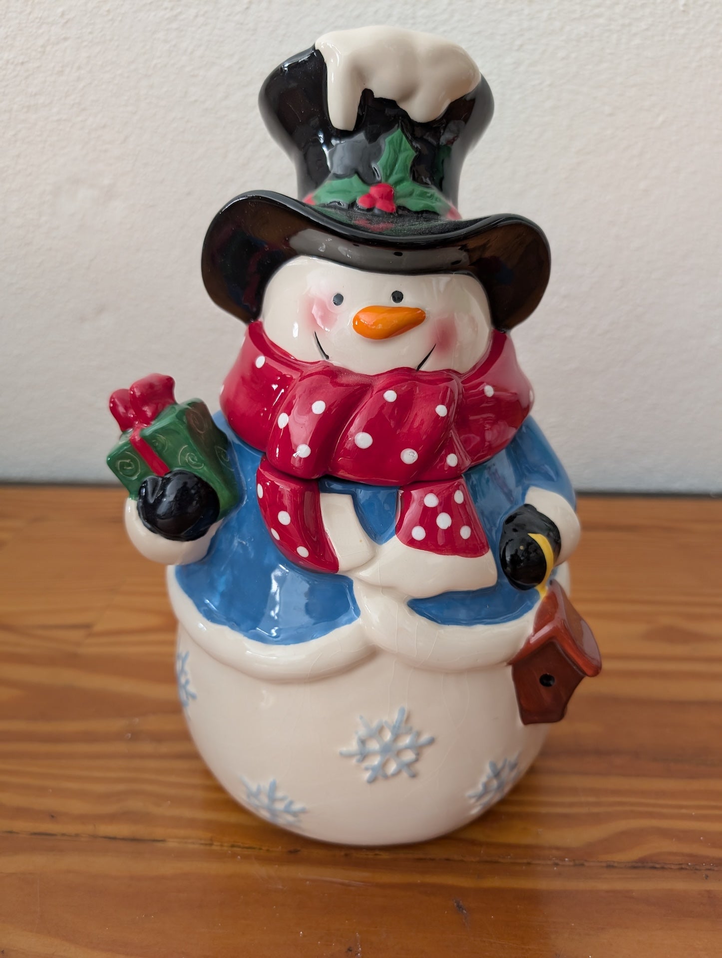 Snowman Cookie Jar from Unknown -  Tabletop (Ceramic Kitchenware, Traditional, Kids, White, Blue, Red, Black)