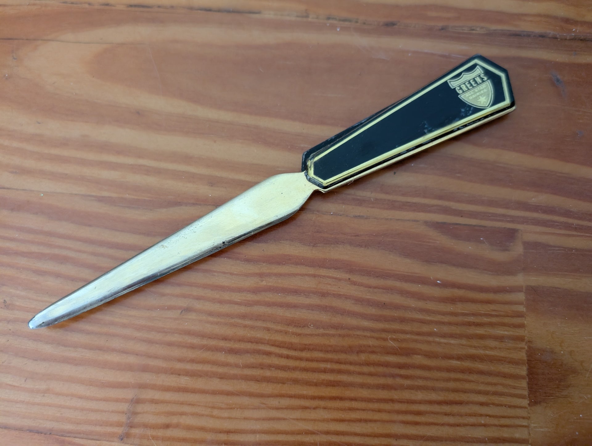 Promotional Letter Opener from Sheen - 1970s-1980s Office Supplies (Brass, Enamel Letter Opener, Vintage, Office, Advertising, Gold, Black)