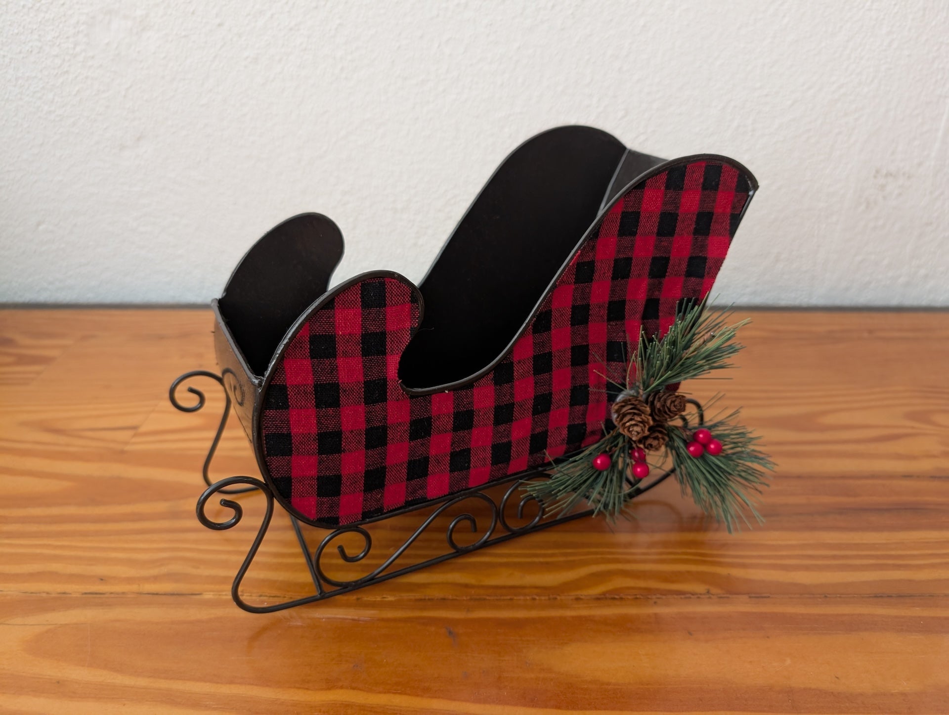 Buffalo Plaid Sleigh from Unknown -  Holiday Decor (Metal, Fabric, Plastic Tabletop Decor, Farmhouse, Rustic, Cabin, Black, Red)