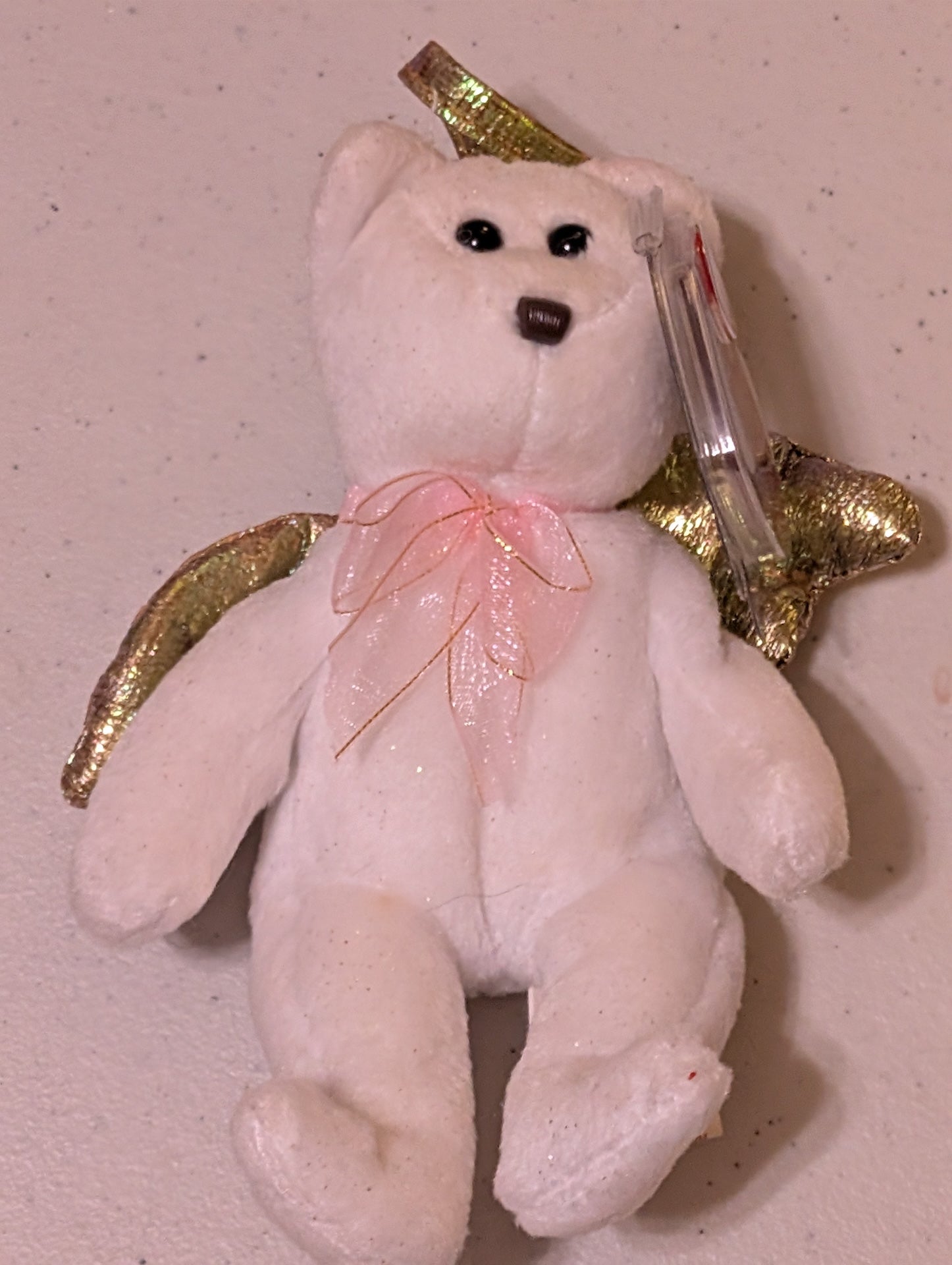 Angel the Bear - Ty Jingle Beanie Baby (White, Gold, Pink, 2000, Plush Toy, Stuffed Animal, MWMT, Vintage, Retired)