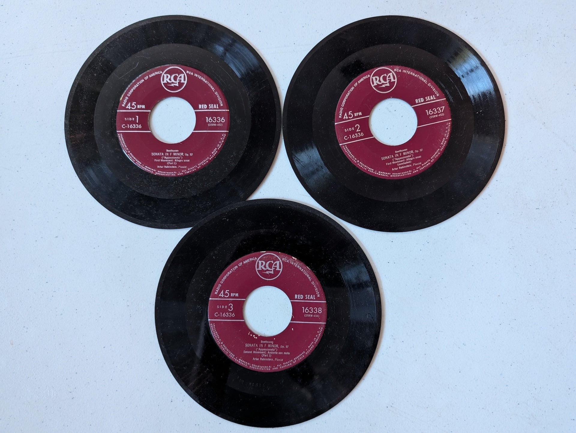 Beethoven's Sonata in F Minor, Op. 57 (Appassionata), performed by pianist Artur Rubinstein 3 record set 45 rpm vinyl