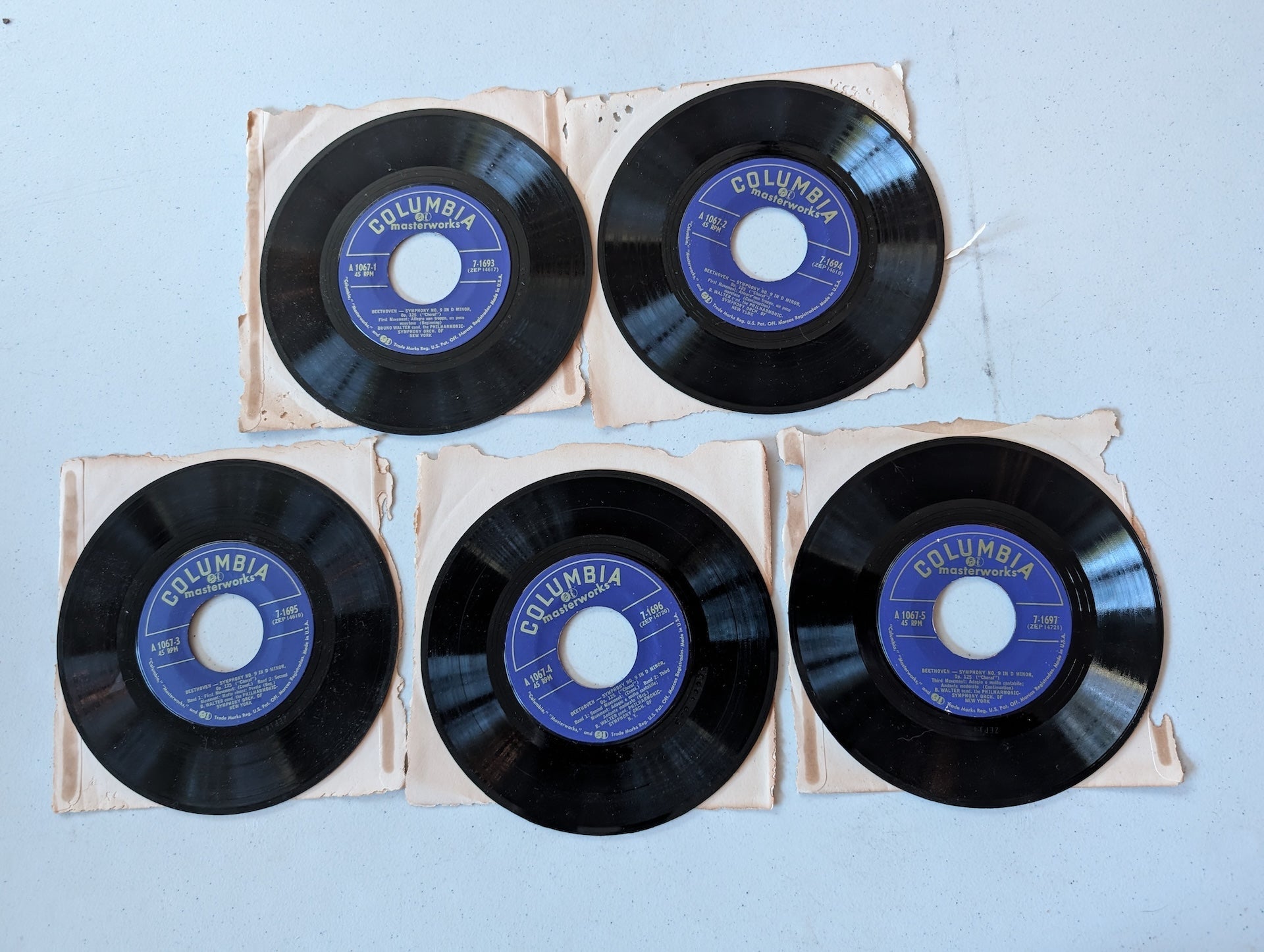 Beethoven's Symphony No. 7 in D Major, Op. 92, performed by the New York Philharmonic Symphony Orchestra conducted by Bruno Walter 45 RPM vinyl