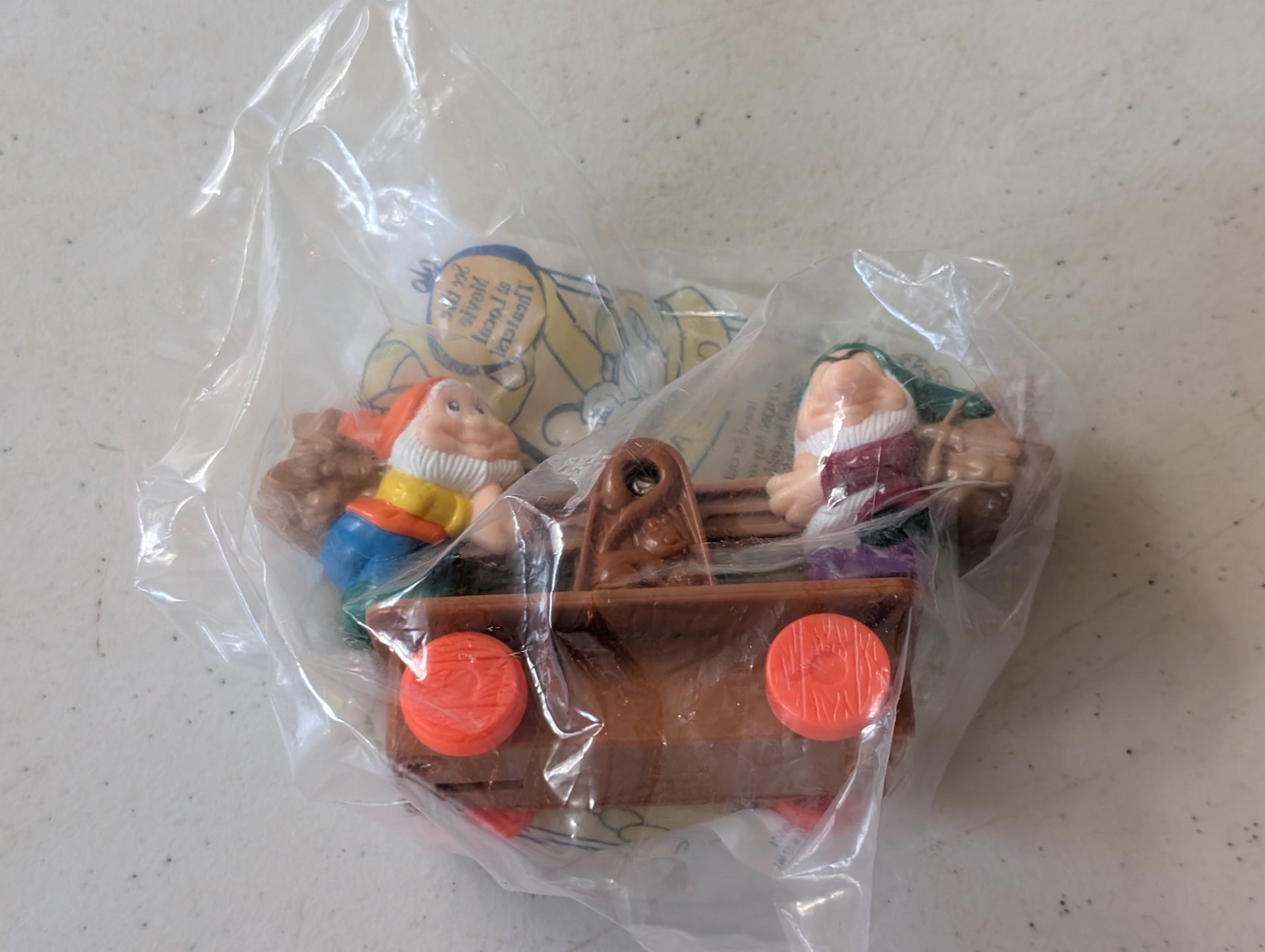 Snow White & the Seven Dwarfs Happy and Grumpy pushing cart  1992 McDonald's Happy Meal Toy (vintage, collectable, nostalgia, toy)