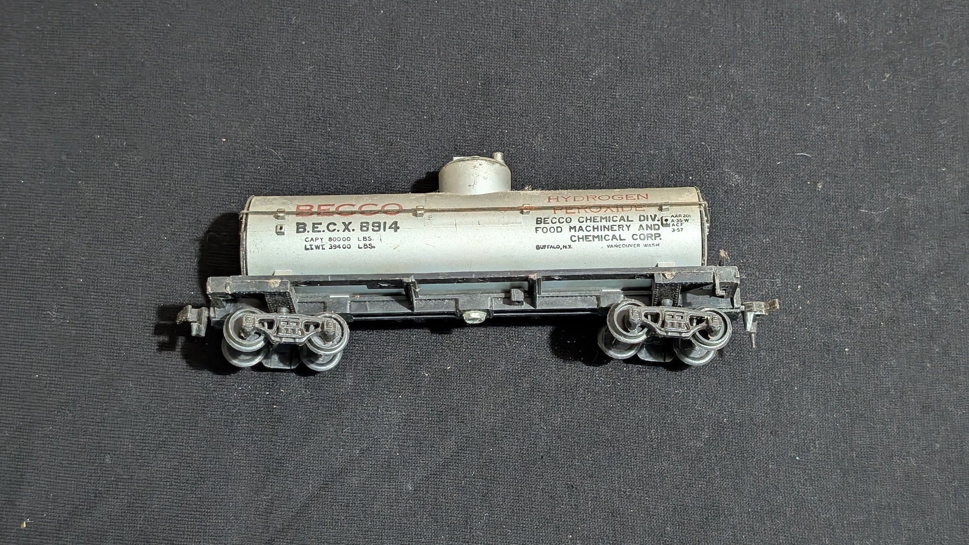 BECCo Hydrogen Peroxide Tank Car Tank Car likely from Athearn - 1960s-1970s HO Scale Model Train (Plastic, Metal Tank Car, Not Applicable, Silver, Black)