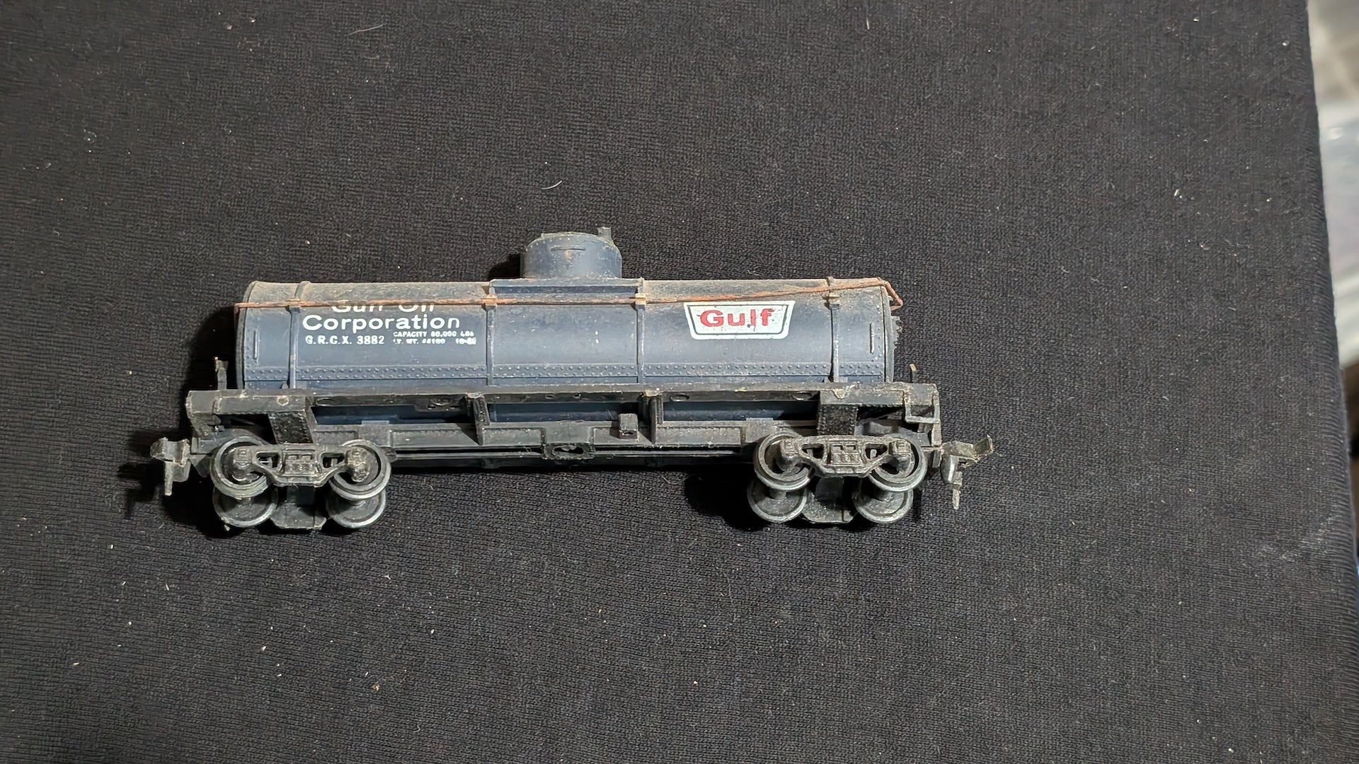 Gulf Oil Tank Car Tank Car likely from Athearn - 1960s-1970s HO Scale Model Train (Plastic, Metal Tank Car, Not Applicable, Blue, White, Orange)