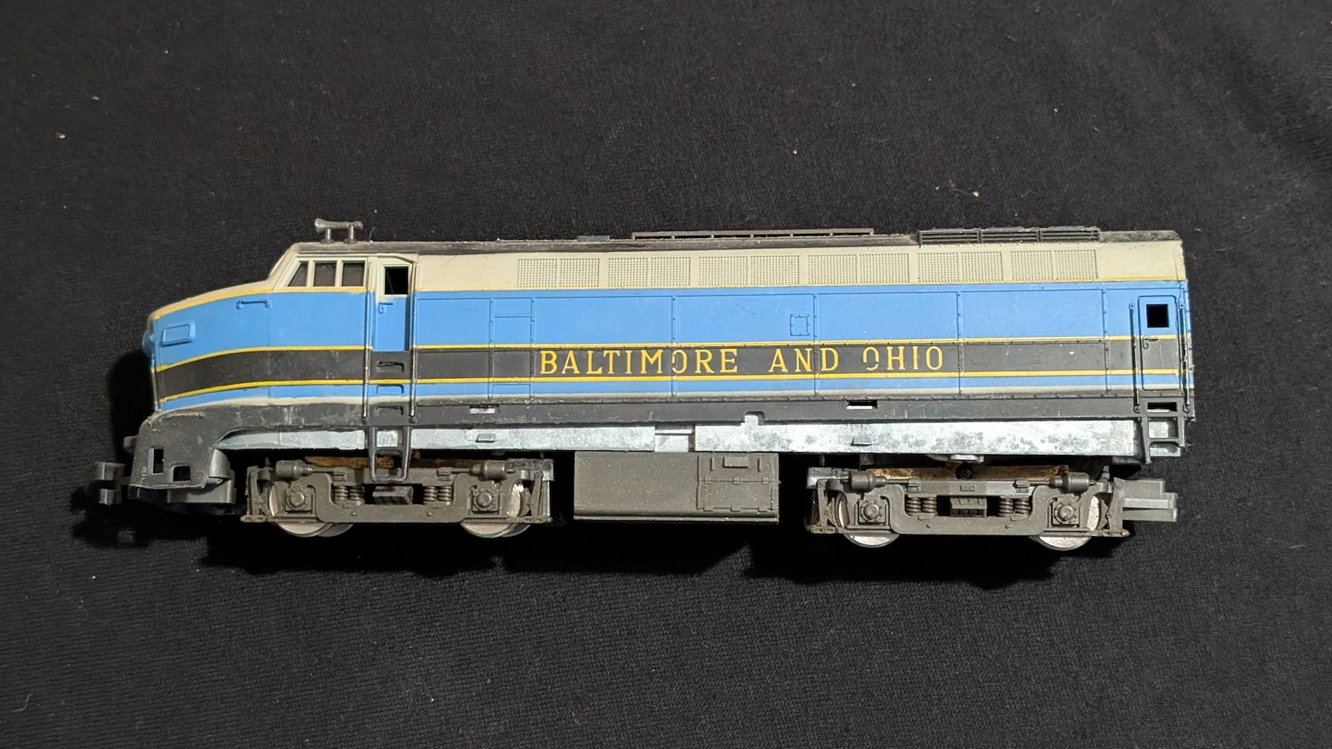 Baltimore & Ohio F-Unit Diesel Locomotive likely from Life-Like/Model Power - 1970s-1980s HO Scale Model Train (Plastic, Metal Diesel Locomotive, Not Applicable, Blue, Grey, Black)