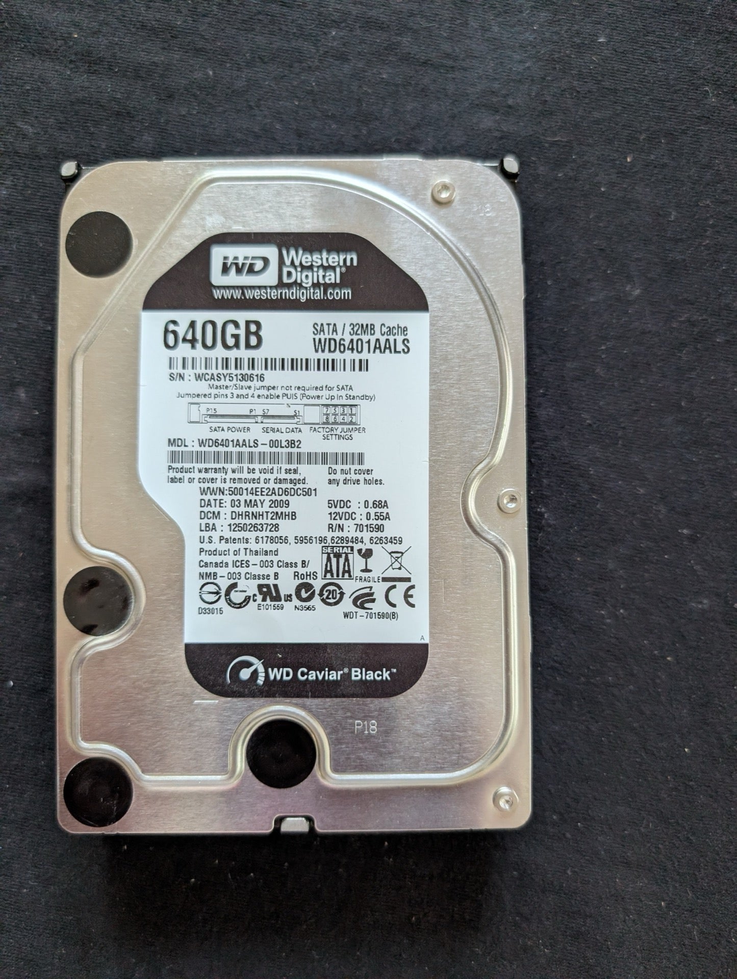 WD Caviar Black 640GB 3.5" Hard Drive HDD 7200 RPM SATA 3Gb/s (WD6401AALS)