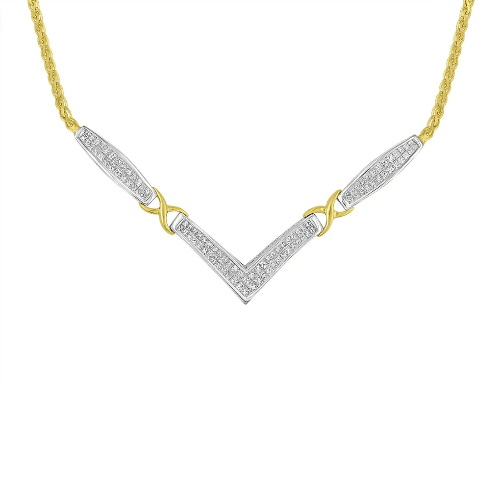 14K Yellow and White Gold 2.0 Cttw Princess Cut Diamond Flared and X-Station V Shaped 18” Franco Chain Statement Necklace (H-I Color, SI2-I1 Clarity)