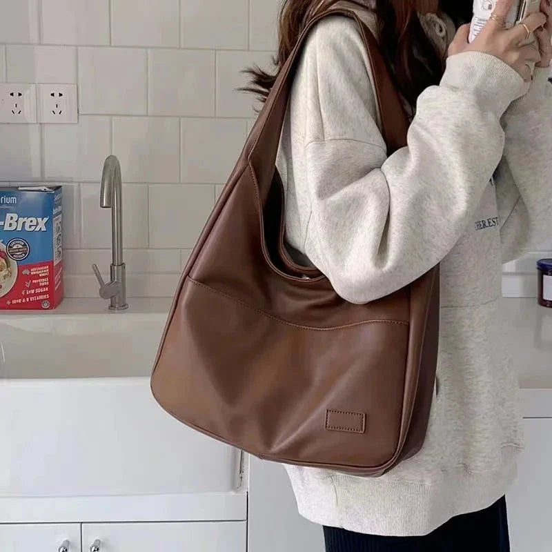 Large Capacity Black Leather Tote Bag – Women’s Casual Shoulder Bag