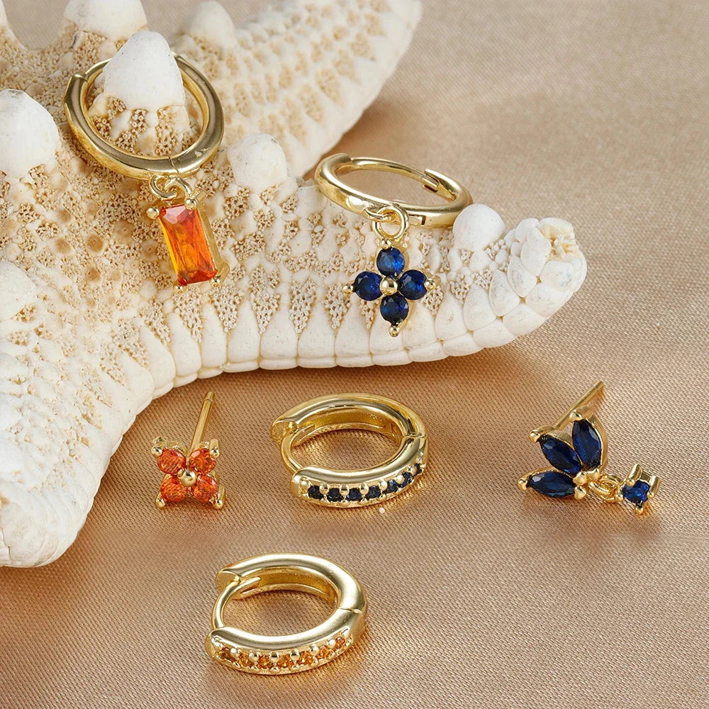 3PCS Zircon Flower Dangle Earrings – Orange & Blue Stainless Steel Set